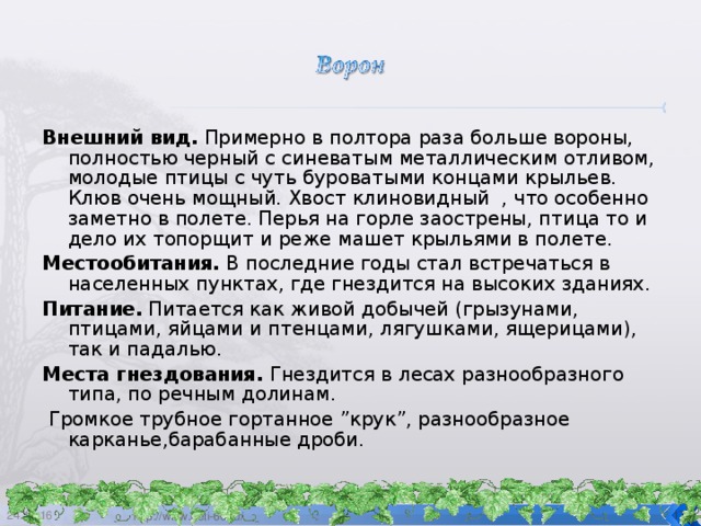 Внешний вид. Примерно в полтора раза больше вороны, полностью черный с синеватым металлическим отливом, молодые птицы с чуть буроватыми концами крыльев. Клюв очень мощный. Хвост клиновидный , что особенно заметно в полете. Перья на горле заострены, птица то и дело их топорщит и реже машет крыльями в полете. Местообитания. В последние годы стал встречаться в населенных пунктах, где гнездится на высоких зданиях. Питание. Питается как живой добычей (грызунами, птицами, яйцами и птенцами, лягушками, ящерицами), так и падалью. Места гнездования. Гнездится в лесах разнообразного типа, по речным долинам.  Громкое трубное гортанное ”крук”, разнообразное карканье,барабанные дроби. 24.12.16  http://www.deti-66.ru/ 