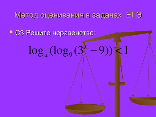 Метод оценивания в задачах ЕГЭ С3 Решите неравенство: 