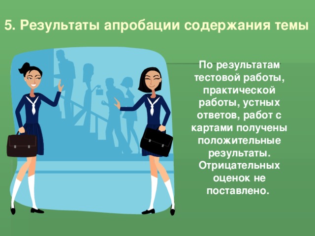 5. Результаты апробации содержания темы По результатам тестовой работы, практической работы, устных ответов, работ с картами получены положительные результаты. Отрицательных оценок не поставлено. 