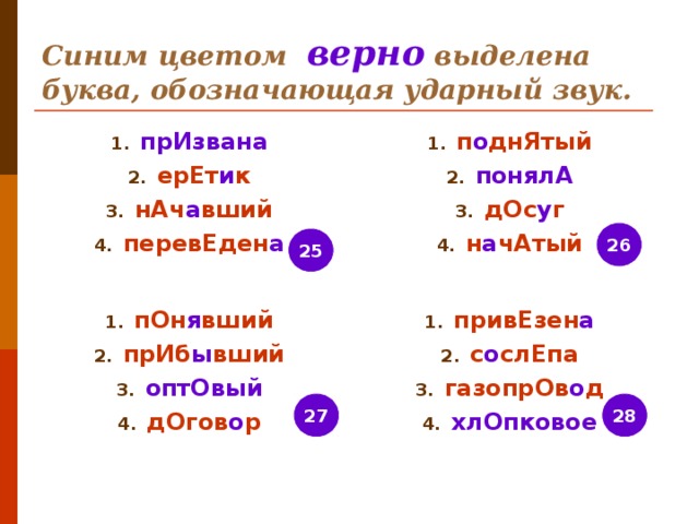 В каком слове обозначающая ударный гласный