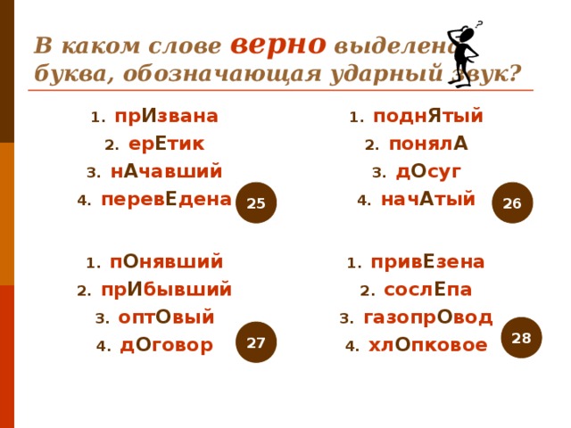 В каком слове верно выделена буква, обозначающая ударный звук? пр И звана ер Е тик н А чавший перев Е дена подн Я тый понял А д О суг нач А тый 25 26 п О нявший пр И бывший опт О вый д О говор прив Е зена сосл Е па газопр О вод хл О пковое 28 27 