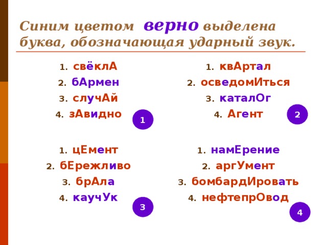 Синим цветом верно выделена буква, обозначающая ударный звук. св ё клА бАрмен сл у чАй зАв и дно квАрт а л осв е домИться каталОг Аг е нт 2 1 цЕм е нт бЕрежл и во брАл а каучУк намЕрение аргУм е нт бомбардИров а ть нефтепрОв о д 3 4 