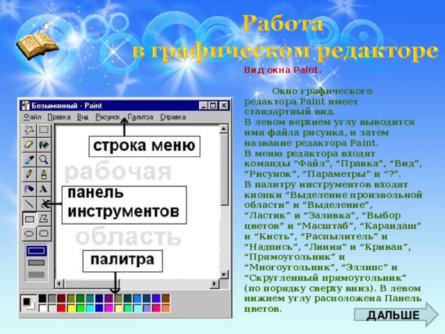 Вид окна Paint .           Окно графического редактора Paint имеет стандартный вид. В левом верхнем углу выводится имя файла рисунка, и затем название редактора Paint . В меню редактора входят команды “Файл”, “Правка”, “Вид”, “Рисунок”, “Параметры” и “?”. В палитру инструментов входят кнопки “Выделение произвольной области” и “Выделение”, “ Ластик” и “Заливка”, “Выбор цветов” и “Масштаб”, “Карандаш” и “Кисть”, “Распылитель” и “ Надпись”, “Линия” и “Кривая”, “Прямоугольник” и “Многоугольник”, “Эллипс” и “ Скругленный прямоугольник” (по порядку сверху вниз). В левом нижнем углу расположена Панель цветов. ДАЛЬШЕ 