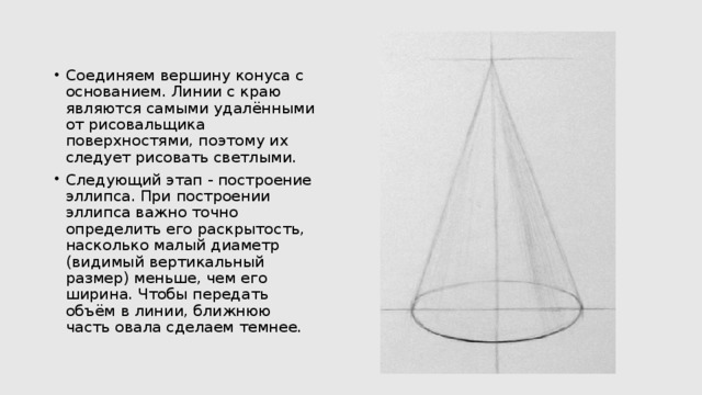 Соединяем вершину конуса с основанием. Линии с краю являются самыми удалёнными от рисовальщика поверхностями, поэтому их следует рисовать светлыми. Следующий этап - построение эллипса. При построении эллипса важно точно определить его раскрытость, насколько малый диаметр (видимый вертикальный размер) меньше, чем его ширина. Чтобы передать объём в линии, ближнюю часть овала сделаем темнее. 