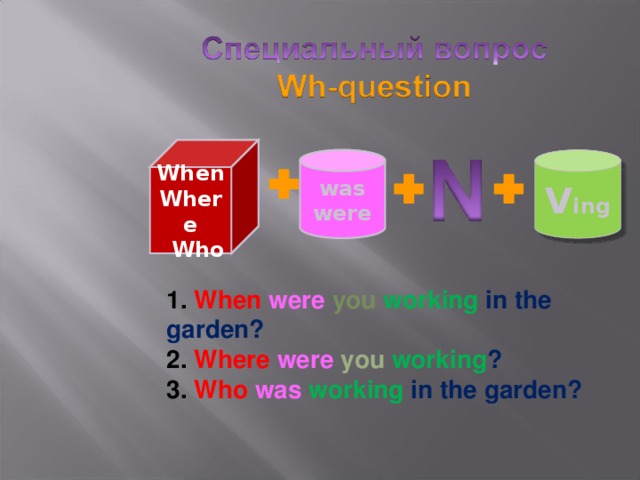  When Where  Who  was were V ing 1. When  were you working  in the garden? 2. Where  were  you  working ? 3. Who  was  working in the garden?  