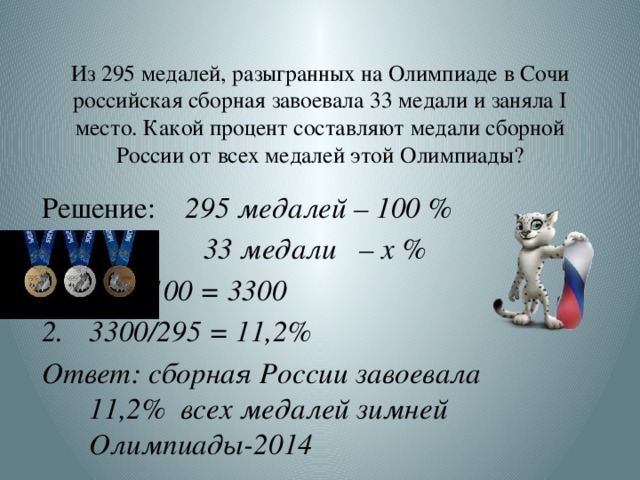 Из 295 медалей, разыгранных на Олимпиаде в Сочи российская сборная завоевала 33 медали и заняла I место. Какой процент составляют медали сборной России от всех медалей этой Олимпиады? Решение: 295 медалей – 100 %  33 медали – х % 33 * 100 = 3300 3300/295 = 11,2% Ответ: сборная России завоевала 11,2% всех медалей зимней Олимпиады-2014  