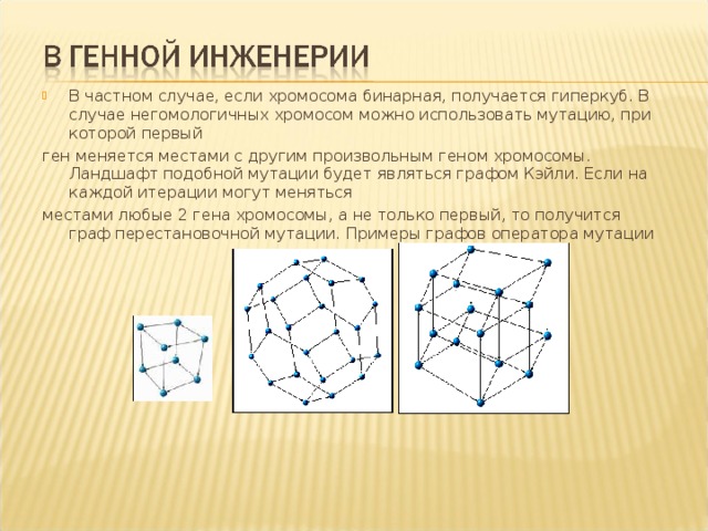 В частном случае, если хромосома бинарная, получается гиперкуб. В случае негомологичных хромосом можно использовать мутацию, при которой первый ген меняется местами с другим произвольным геном хромосомы. Ландшафт подобной мутации будет являться графом Кэйли. Если на каждой итерации могут меняться местами любые 2 гена хромосомы, а не только первый, то получится граф перестановочной мутации. Примеры графов оператора мутации 