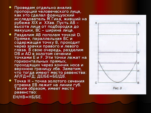 Проведем отдельно анализ пропорций человеческого лица, как это сделал французский исследователь М.Гика, живший на рубеже XIX и XX вв. Пусть АВ – высота лица от подбородка до макушки, ВС – ширина лица. Разделим АВ пополам точкой D . Прямая, параллельная ВС и содержащая точку В, проходит через зрачки правого и левого глаза. В свою очередь, разделим D В и А D в золотом сечении точками Е и F . Эти точки лежат на горизонтальных прямых, проходящих через кончик носа и верхнюю границу лба. Заметим, что тогда имеют место равенства: А F / F Д= F Д; ДЕ/БЕ=БЕ/ДВ. Точка Н – точка золотого сечения отрезка ЕВ лежит на линии губ. Таким образом, имеет место равенство:  ЕН/НВ=НБ/БЕ. 