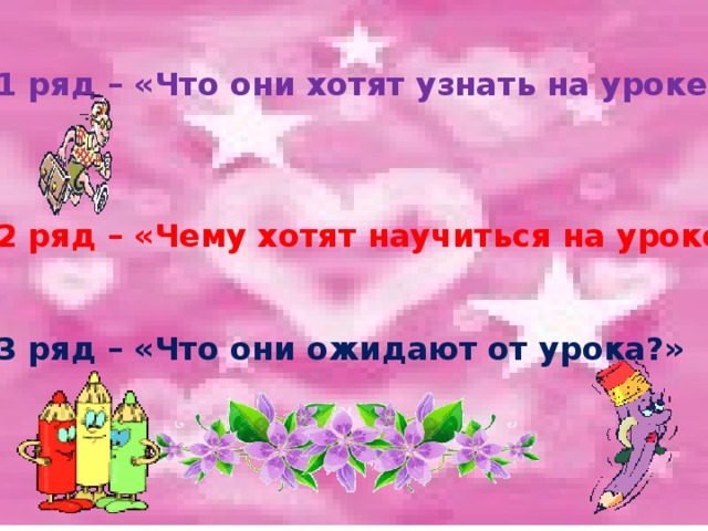 1 ряд – «Что они хотят узнать на уроке?»    2 ряд – «Чему хотят научиться на уроке?»   3 ряд – «Что они ожидают от урока?» 