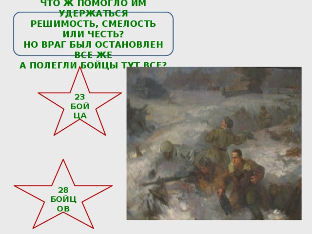 ЧТО Ж ПОМОГЛО ИМ УДЕРЖАТЬСЯ РЕШИМОСТЬ, СМЕЛОСТЬ ИЛИ ЧЕСТЬ? НО ВРАГ БЫЛ ОСТАНОВЛЕН ВСЕ ЖЕ А ПОЛЕГЛИ БОЙЦЫ ТУТ ВСЕ? 23 БОЙЦА 28 БОЙЦОВ 