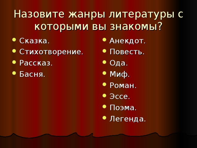 Назовите жанры литературы с которыми вы знакомы? Сказка. Стихотворение. Рассказ. Басня. Анекдот. Повесть. Ода. Миф. Роман. Эссе. Поэма. Легенда.  