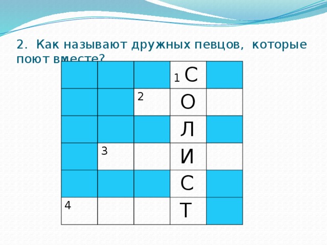 2. Как называют дружных певцов, которые поют вместе? 1 С 2  О 3  Л 4  И  С  Т 