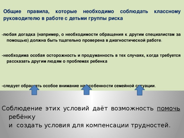 Общие правила, которые необходимо соблюдать классному руководителю в работе с детьми группы риска   - любая догадка (например, о необходимости обращения к другим специалистам за помощью) должна быть тщательно проверена в диагностической работе .   -необходима особая осторожность и продуманность в тех случаях, когда требуется рассказать другим людям о проблемах ребенка    -следует обращать особое внимание на особенности семейной ситуации . Соблюдение этих условий даёт возможность помочь ребёнку  и создать условия для компенсации трудностей. 