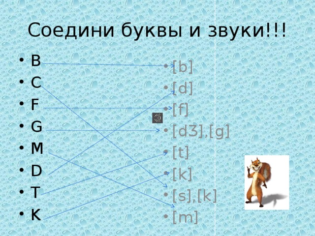 Соедини буквы и звуки!!! B C F G M D T K [b] [d] [f] [dƷ],[g] [t] [k] [s],[k] [m] 