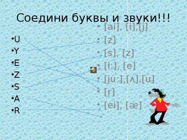 Соедини буквы и звуки!!! U Y E Z S A R [ai], [i],[j] [z] [s], [z] [i:], [e] [ju:],[ᴧ],[u] [r] [ei], [ᴂ] 