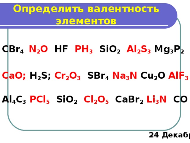 Определить валентность элементов CBr 4   N 2 O   HF PH 3 SiO 2  Al 2 S 3 Mg 3 P 2  CaO; H 2 S; Cr 2 O 3  SBr 4  Na 3 N Cu 2 O AlF 3  Al 4 C 3  PCl 5 SiO 2  Cl 2 O 5 CaBr 2  Li 3 N CO  24 Декабрь, 2016 