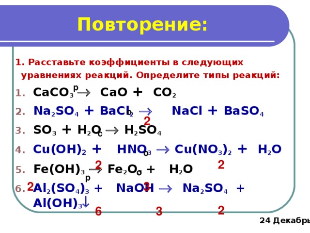 Повторение: 1 . Расставьте коэффициенты в следующих уравнениях реакций. Определите типы реакций: СаСО 3    СаО + CO 2 Na 2 SO 4 + ВаС l 2    Na С l + Ва SO 4 SO 3 + H 2 O    H 2 SO 4 Cu ( OH) 2 +  HNO 3    Cu(NO 3 ) 2 + H 2 O Fe(OH) 3    Fe 2 O 3 +  H 2 O А l 2 (SO 4 ) 3 +    NaOH   Na 2 SO 4   + А l(OH) 3  р о 2 с о 2 2 о р 2 3 2 3 6 24 Декабрь, 2016 