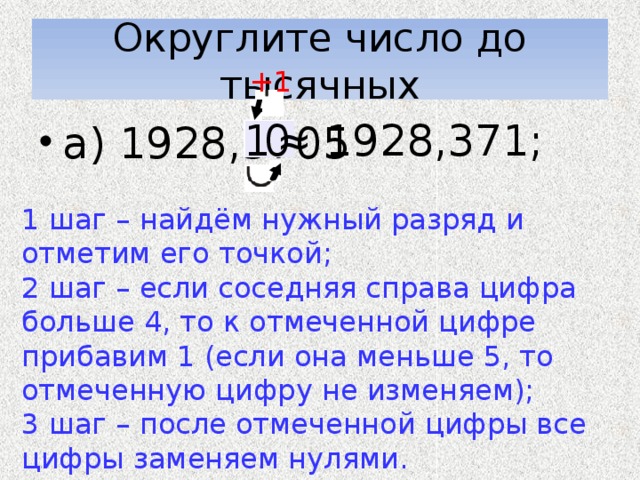 Округлите число до тысячных +1 ≈ 1928,371; 0 1 а) 1928,3705 1 шаг – найдём нужный разряд и отметим его точкой; 2 шаг – если соседняя справа цифра больше 4, то к отмеченной цифре прибавим 1 (если она меньше 5, то отмеченную цифру не изменяем); 3 шаг – после отмеченной цифры все цифры заменяем нулями. 