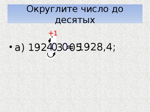 Округлите число до десятых а) 1928,3705 +1 ≈ 1928,4; 0 4 0  