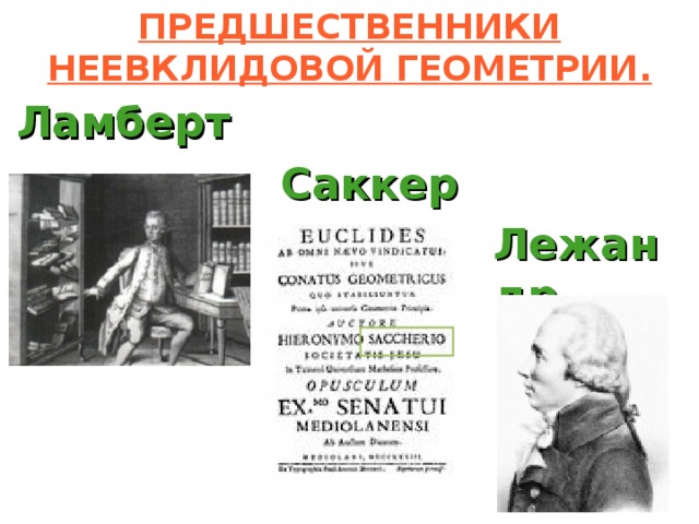 ПРЕДШЕСТВЕННИКИ НЕЕВКЛИДОВОЙ ГЕОМЕТРИИ. Ламберт Саккери Лежандр  