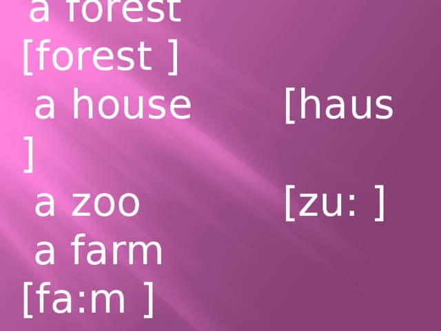  a forest [forest ]  a house [haus ]  a zoo [zu: ]  a farm [fa:m ] 