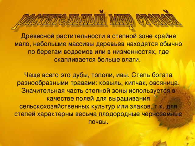 Древесной растительности в степной зоне крайне мало, небольшие массивы деревьев находятся обычно по берегам водоемов или в низменностях, где скапливается больше влаги. Чаще всего это дубы, тополи, ивы. Степь богата разнообразными травами: ковыль, кипчак, овсяница. Значительная часть степной зоны используется в качестве полей для выращивания сельскохозяйственных культур или злаков, т.к. для степей характерны весьма плодородные черноземные почвы. 