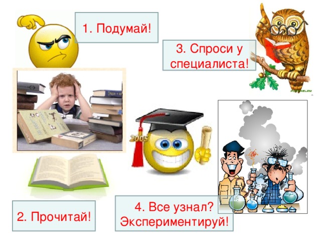 1. Подумай! 3. Спроси у специалиста! 4. Все узнал? Экспериментируй! 2. Прочитай! 