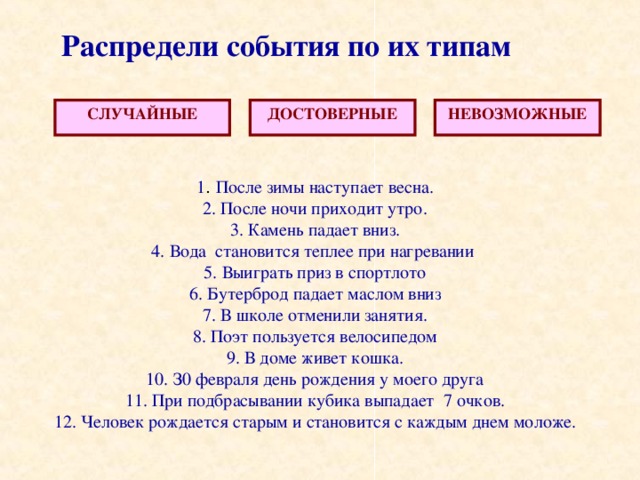 Достоверное случайное событие. Случайные события примеры. Достоверные события примеры. Невозможные события примеры. Достоверные невозможные и случайные события.