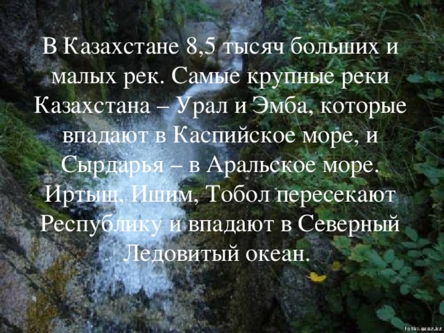 В Казахстане 8,5 тысяч больших и малых рек. Самые крупные реки Казахстана – Урал и Эмба, которые впадают в Каспийское море, и Сырдарья – в Аральское море. Иртыш, Ишим, Тобол пересекают Республику и впадают в Северный Ледовитый океан.  