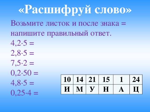 «Расшифруй слово»   Возьмите листок и после знака = напишите правильный ответ. 4,2·5 = 2,8·5 = 7,5·2 = 0,2·50 = 4,8·5 = 0,25·4 = 10 И 14 М 21 У 15 1 Н А 24 Ц 