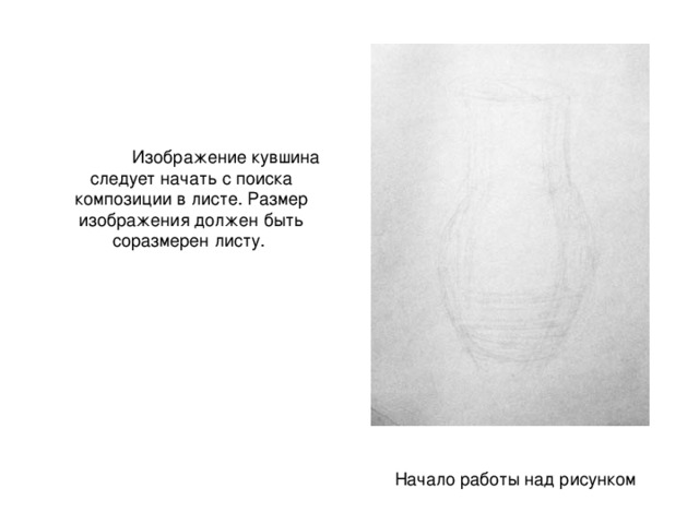  Изображение кувшина следует начать с поиска композиции в листе. Размер изображения должен быть соразмерен листу. Начало работы над рисунком 