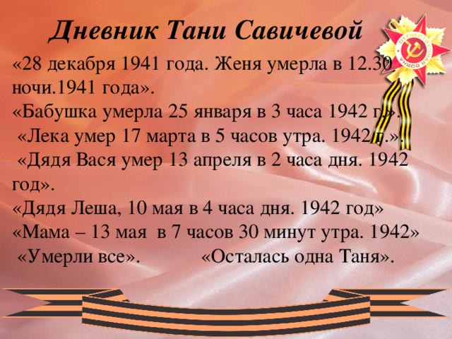 Дневник Тани Савичевой «28 декабря 1941 года. Женя умерла в 12.30 ночи.1941 года». «Бабушка умерла 25 января в 3 часа 1942 г.».  «Лека умер 17 марта в 5 часов утра. 1942 г.».  «Дядя Вася умер 13 апреля в 2 часа дня. 1942 год».  «Дядя Леша, 10 мая в 4 часа дня. 1942 год» «Мама – 13 мая в 7 часов 30 минут утра. 1942»  «Умерли все». «Осталась одна Таня».  