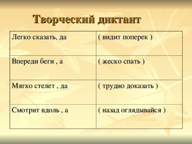 Творческий диктант Легко сказать, да ( видит поперек ) Впереди беги , а ( жеско спать ) Мягко стелет , да ( трудно доказать ) Смотрит вдоль , а ( назад оглядывайся ) 