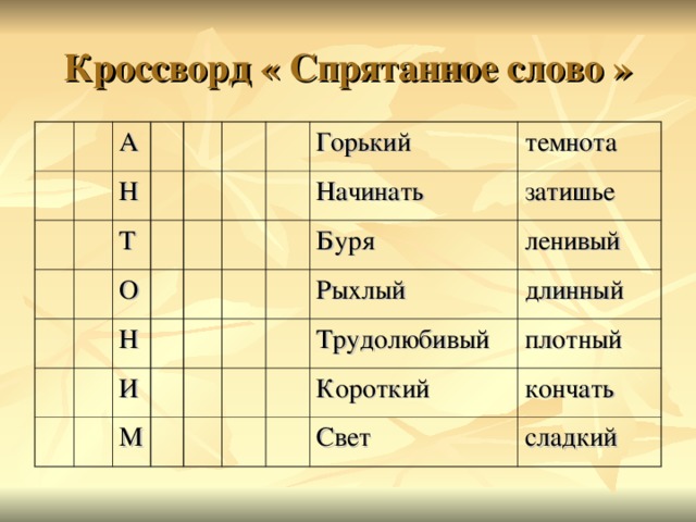 Кроссворд  « Спрятанное слово » А Н Т О Н Горький И темнота Начинать М Буря затишье Рыхлый ленивый Трудолюбивый длинный плотный Короткий Свет кончать сладкий 