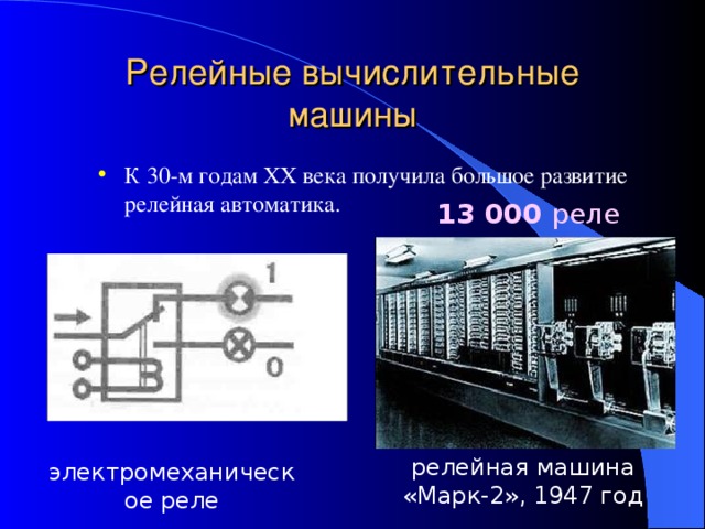 Релейные вычислительные машины К 30-м годам XX века получила большое развитие релейная автоматика. 13 000 реле релейная машина «Марк-2», 1947 год электромеханическое реле 