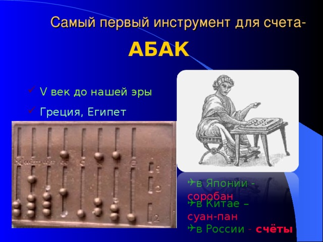 Самый первый инструмент для счета- АБАК  V век до нашей эры  Греция, Египет в Японии - соробан в Китае – суан-пан в России -  счёты 