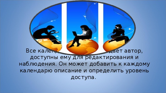 Все календари, которые создает автор, доступны ему для редактирования и наблюдения. Он может добавить к каждому календарю описание и определить уровень доступа. 
