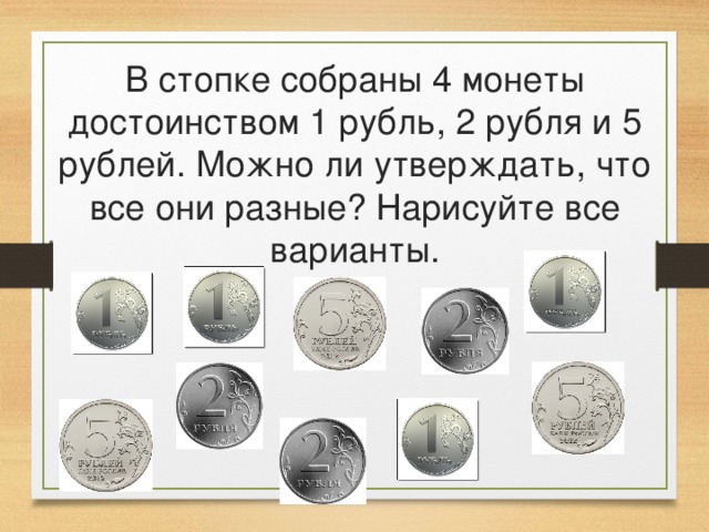 В стопке собраны 4 монеты достоинством 1 рубль, 2 рубля и 5 рублей. Можно ли утверждать, что все они разные? Нарисуйте все варианты. 