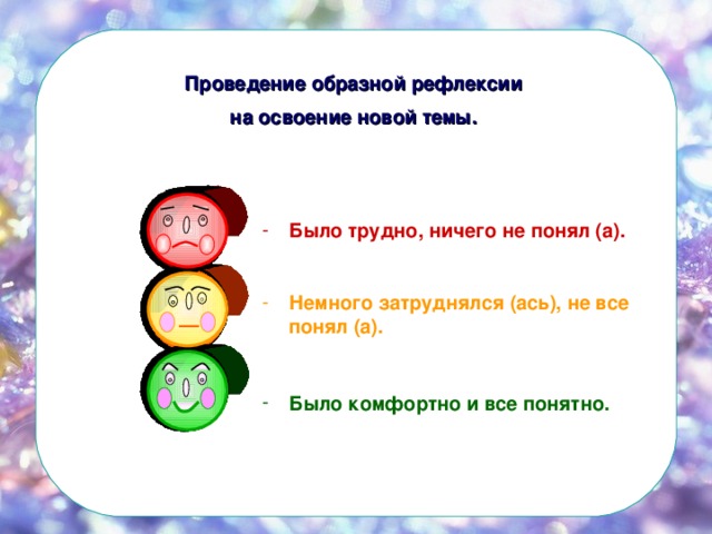 Проведение образной рефлексии на освоение новой темы.  Было трудно, ничего не понял (а). Немного затруднялся (ась), не все понял (а). Было комфортно и все понятно.  