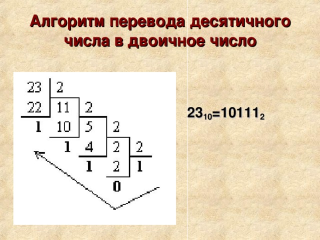 Алгоритм перевода десятичного числа в двоичное число 23 10 =10111 2 