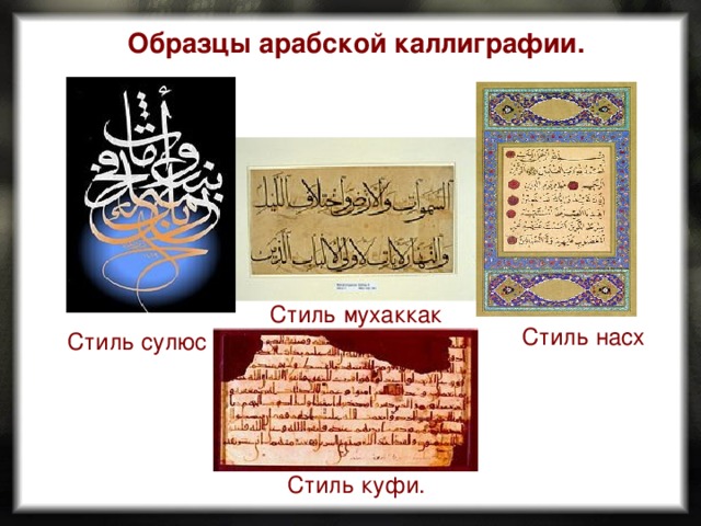 Образцы арабской каллиграфии. Стиль мухаккак  Стиль насх Стиль сулюс  Стиль куфи. 