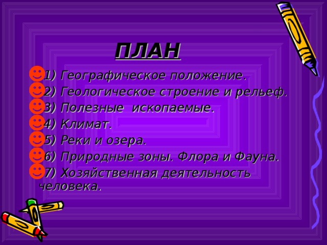 ПЛАН 1) Географическое положение. 2) Геологическое строение и рельеф. 3) Полезные ископаемые. 4) Климат. 5) Реки и озера. 6) Природные зоны. Флора и Фауна. 7) Хозяйственная деятельность человека.  