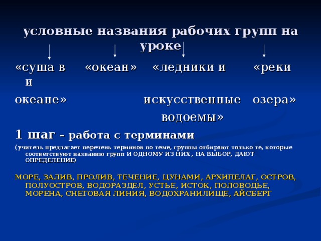 условные названия рабочих групп на уроке «суша в «океан» «ледники и «реки и океане» искусственные озера»  водоемы» 1 шаг – работа с терминами ( учитель предлагает перечень терминов по теме, группы отбирают только те, которые соответствуют названию групп И ОДНОМУ ИЗ НИХ , НА ВЫБОР, ДАЮТ ОПРЕДЕЛЕНИЕ)  МОРЕ, ЗАЛИВ, ПРОЛИВ, ТЕЧЕНИЕ, ЦУНАМИ, АРХИПЕЛАГ, ОСТРОВ, ПОЛУОСТРОВ, ВОДОРАЗДЕЛ, УСТЬЕ, ИСТОК, ПОЛОВОДЬЕ, МОРЕНА, СНЕГОВАЯ ЛИНИЯ, ВОДОХРАНИЛИЩЕ, АЙСБЕРГ 