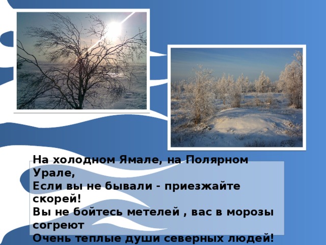 На холодном Ямале, на Полярном Урале,  Если вы не бывали - приезжайте скорей!  Вы не бойтесь метелей , вас в морозы согреют  Очень теплые души северных людей! 