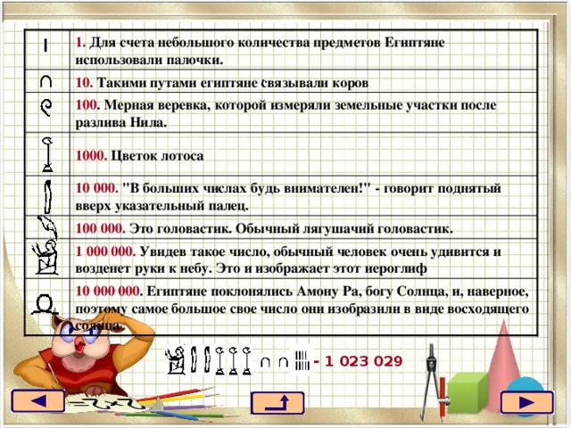 1. Для счета небольшого количества предметов Египтяне использовали палочки.  , 10. Такими путами египтяне связывали коров   100 . Мерная веревка, которой измеряли земельные участки после разлива Нила.    1000. Цветок лотоса 10 000. 