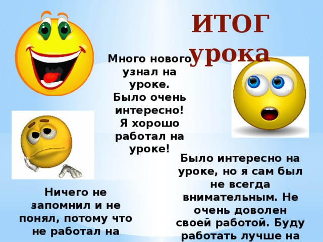 ИТОГ урока Много нового узнал на уроке. Было очень интересно! Я хорошо работал на уроке! Было интересно на уроке, но я сам был не всегда внимательным. Не очень доволен своей работой. Буду работать лучше на следующем уроке! Ничего не запомнил и не понял, потому что не работал на уроке. 