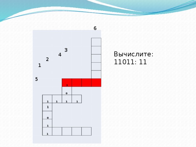 6       1   1   1   0  1    0   1    1     1 1       3 Вычислите: 11011: 11 4 2 1 5 