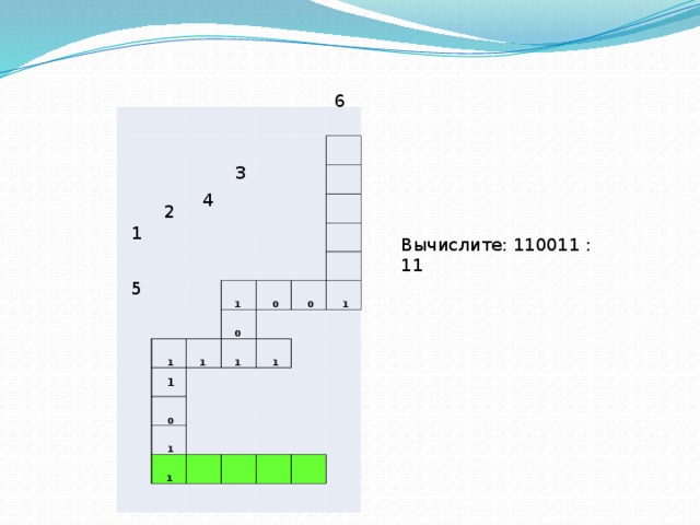 6       1    1   1   0 0  1    0 1    0   1   1   1 1       3 4 2 1 Вычислите: 110011 : 11 5 