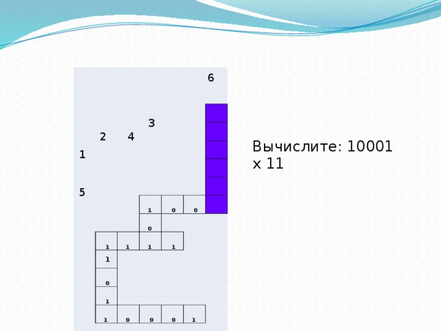       1    1 1    0   1 0    0 1    0   1     1 1  0    0   0 1  6 3 4 2 Вычислите: 10001 х 11 1 5 