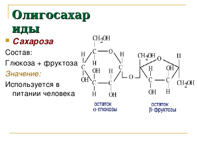 Олигосахариды Сахароза Состав: Глюкоза + фруктоза Значение: Используется в питании человека 